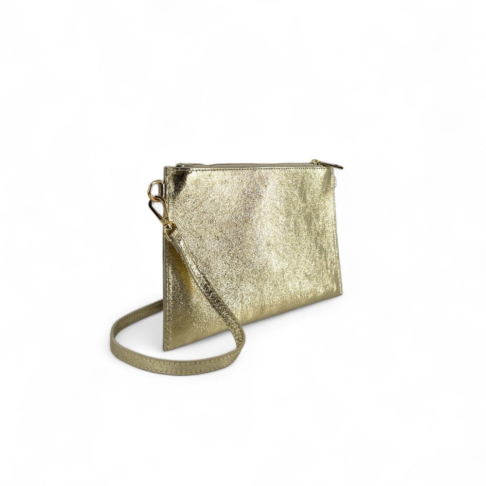 Ensemble sac pochette et porte-cartes en cuir grainé ou irisé TWICE Or pâle