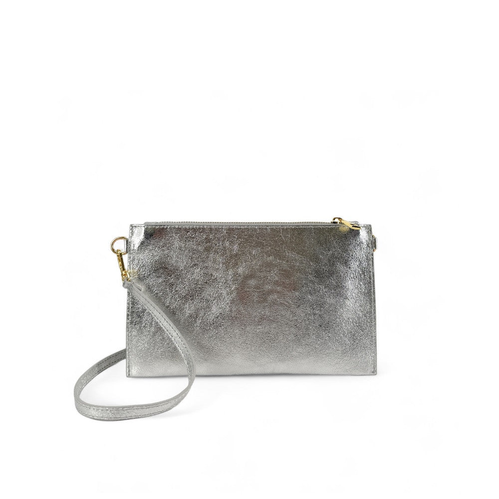 Ensemble sac pochette et porte-cartes en cuir grainé ou irisé TWICE Argent moyen