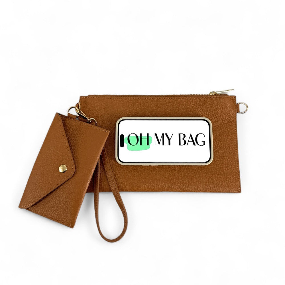 Ensemble sac pochette et porte-cartes en cuir grainé ou irisé TWICE Camel