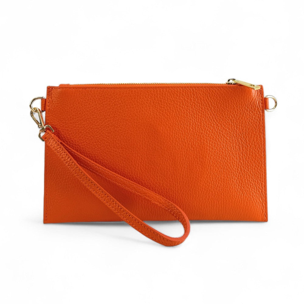 Ensemble sac pochette et porte-cartes en cuir grainé ou irisé TWICE Orange