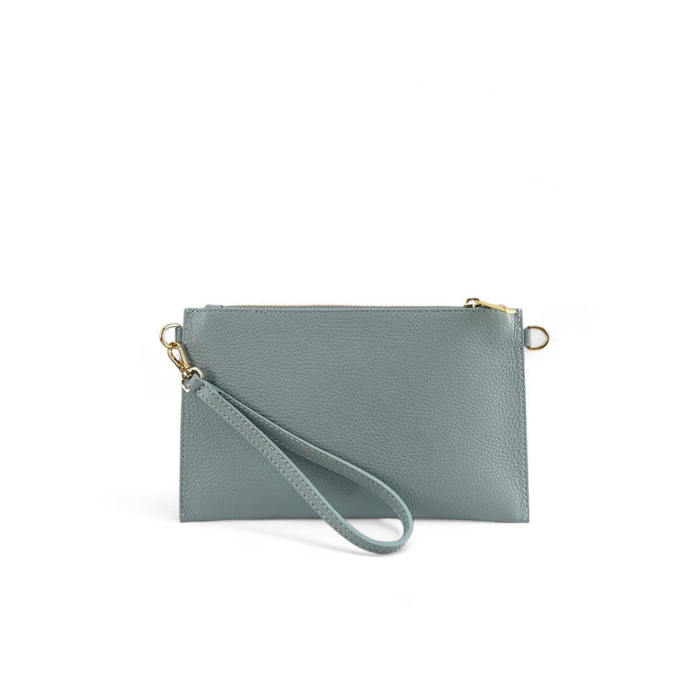 Ensemble sac pochette et porte-cartes en cuir grainé ou irisé TWICE Bleu pastel