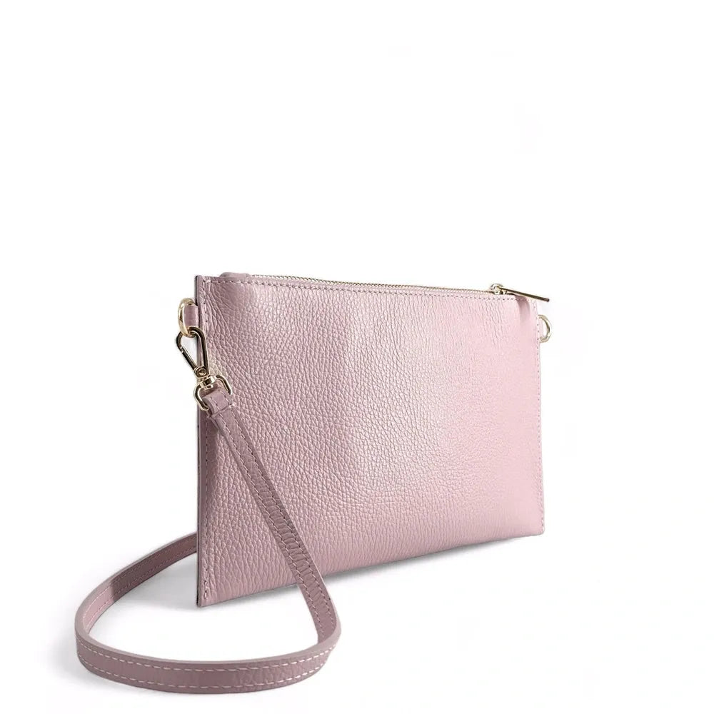 Ensemble sac pochette et porte-cartes en cuir grainé ou irisé TWICE Rose pâle
