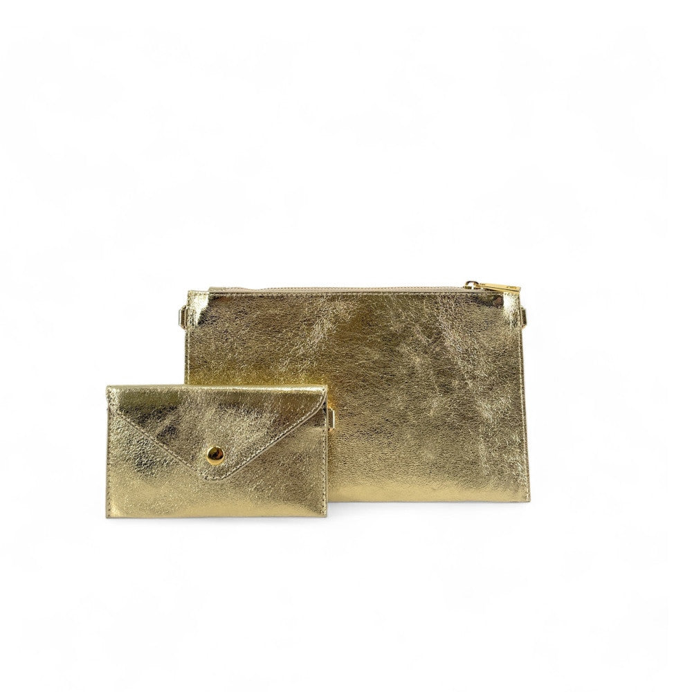 Ensemble sac pochette et porte-cartes en cuir grainé ou irisé TWICE Or pâle
