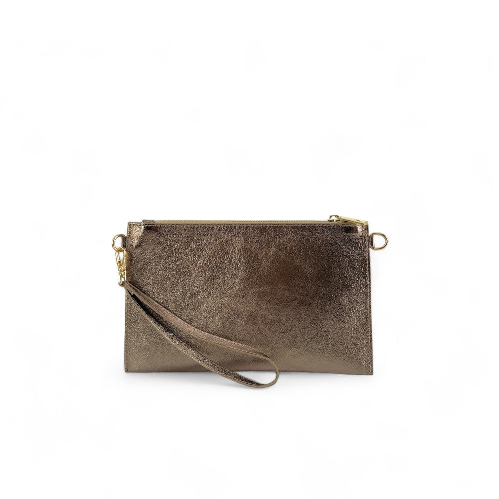 Ensemble sac pochette et porte-cartes en cuir grainé ou irisé TWICE Champagne irisé
