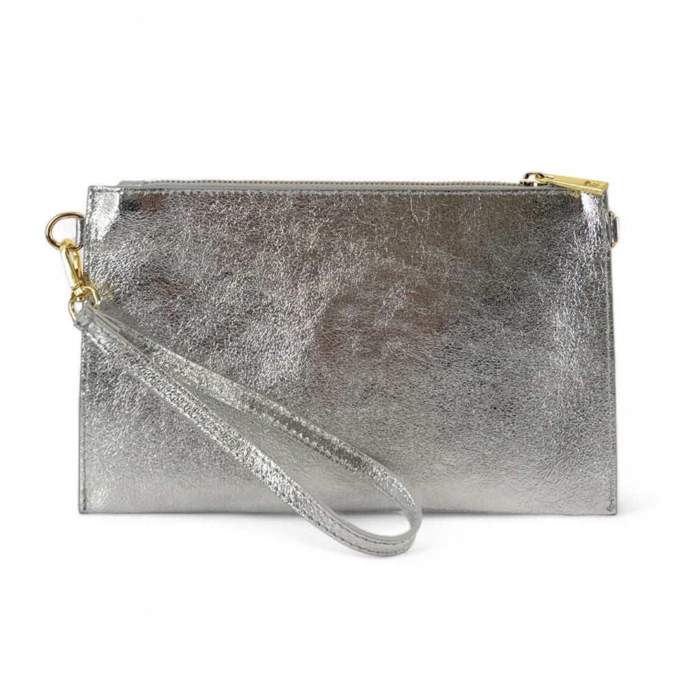 Ensemble sac pochette et porte-cartes en cuir grainé ou irisé TWICE Argent moyen