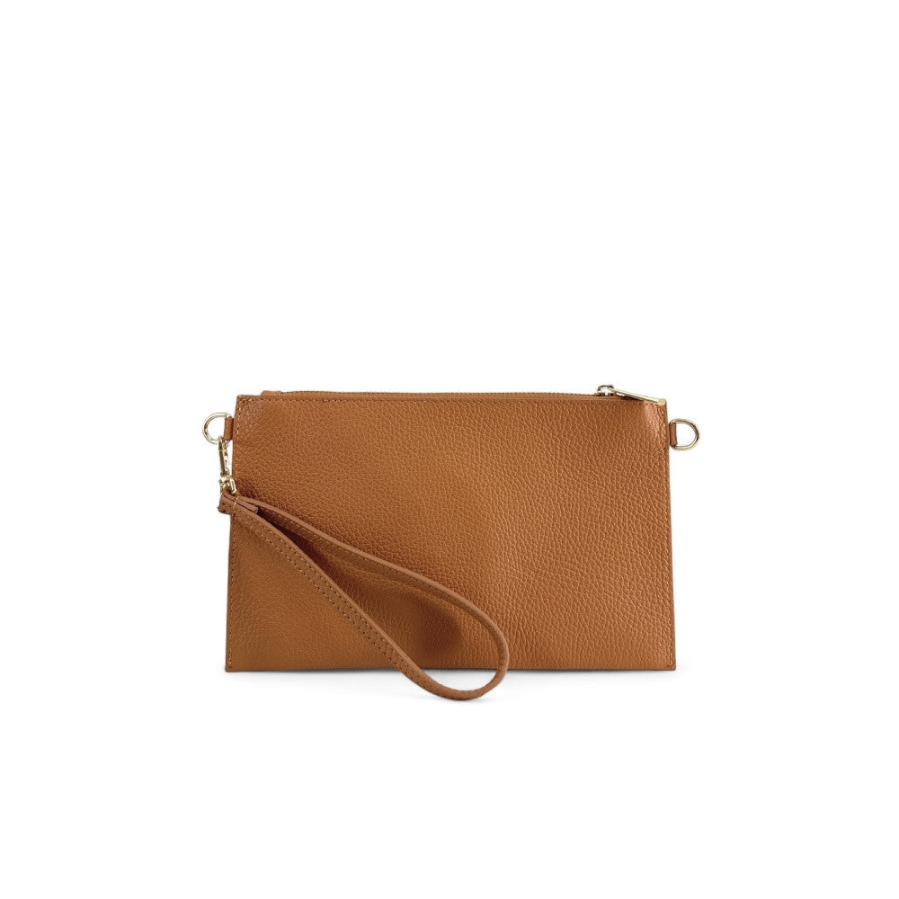 Ensemble sac pochette et porte-cartes en cuir grainé ou irisé TWICE Camel