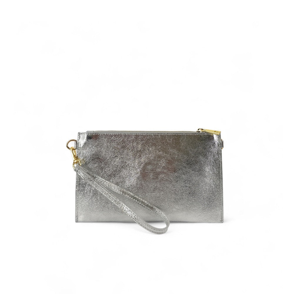 Ensemble sac pochette et porte-cartes en cuir grainé ou irisé TWICE Argent moyen