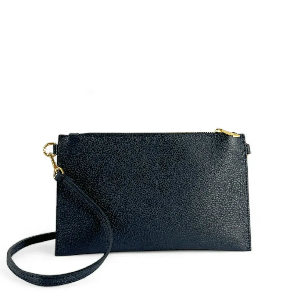Ensemble sac pochette et porte-cartes en cuir grainé ou irisé TWICE Bleu marine