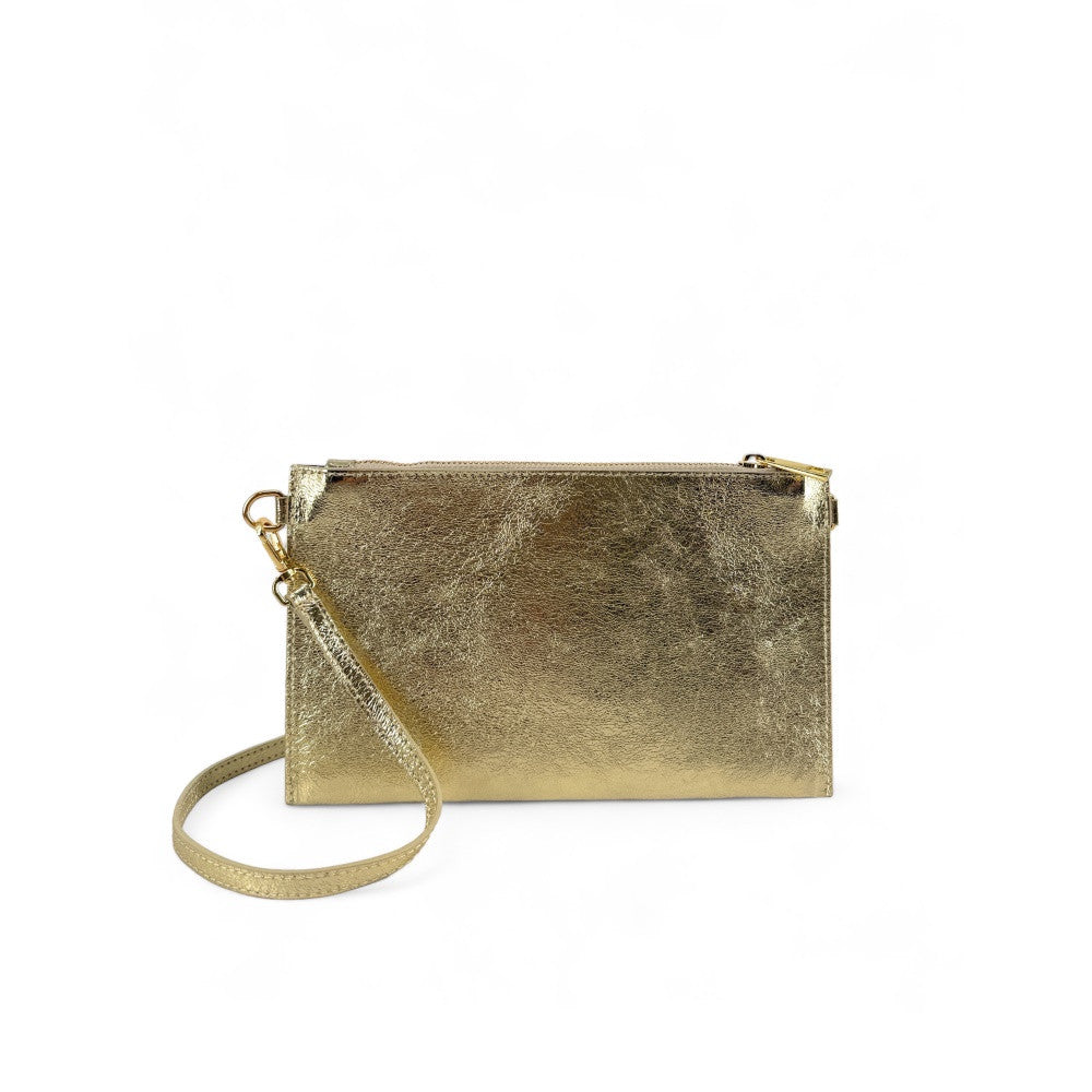 Ensemble sac pochette et porte-cartes en cuir grainé ou irisé TWICE Or pâle