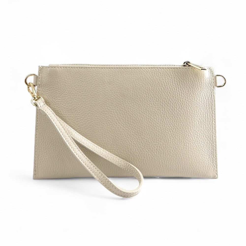 Ensemble sac pochette et porte-cartes en cuir grainé ou irisé TWICE Beige crème