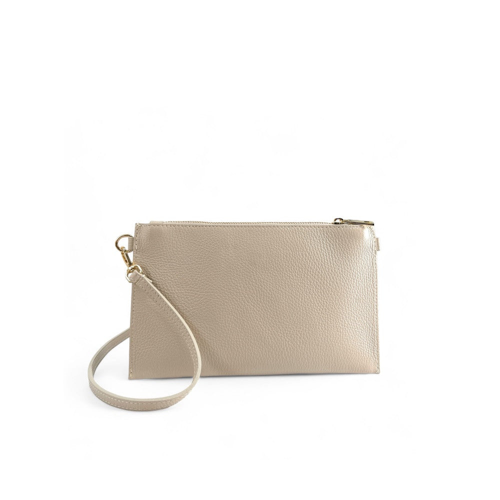 Ensemble sac pochette et porte-cartes en cuir grainé ou irisé TWICE Beige crème