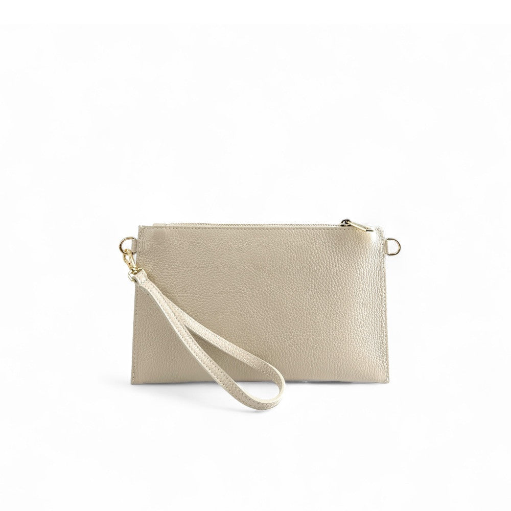 Ensemble sac pochette et porte-cartes en cuir grainé ou irisé TWICE Beige crème