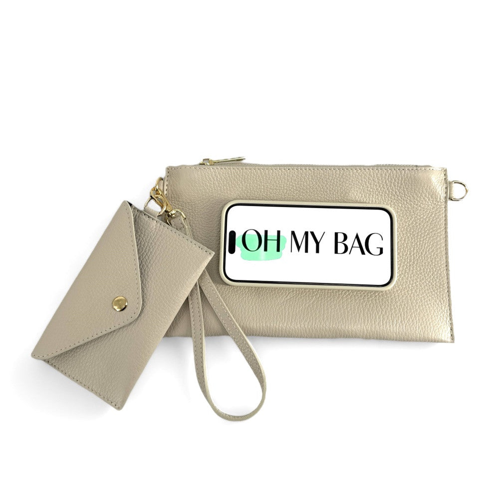 Ensemble sac pochette et porte-cartes en cuir grainé ou irisé TWICE Beige crème