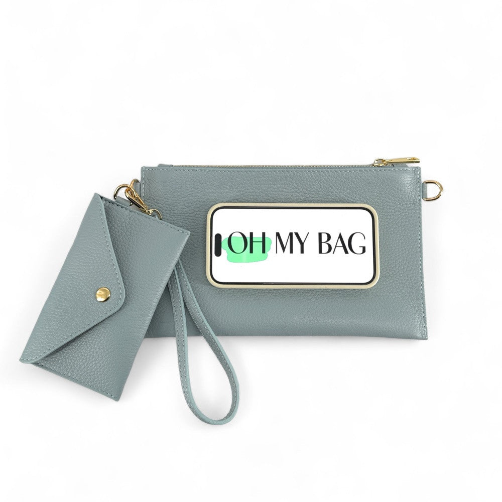 Ensemble sac pochette et porte-cartes en cuir grainé ou irisé TWICE Bleu pastel