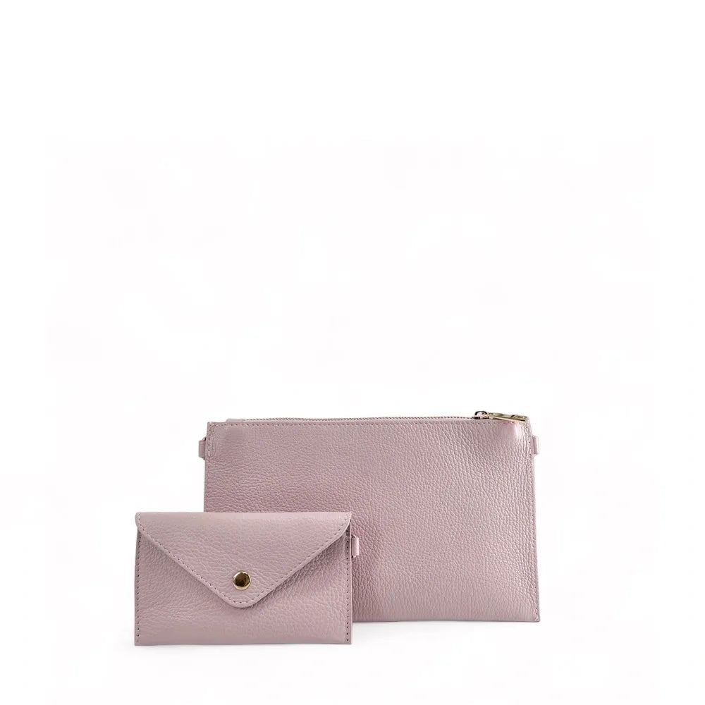 Ensemble sac pochette et porte-cartes en cuir grainé ou irisé TWICE Rose pâle