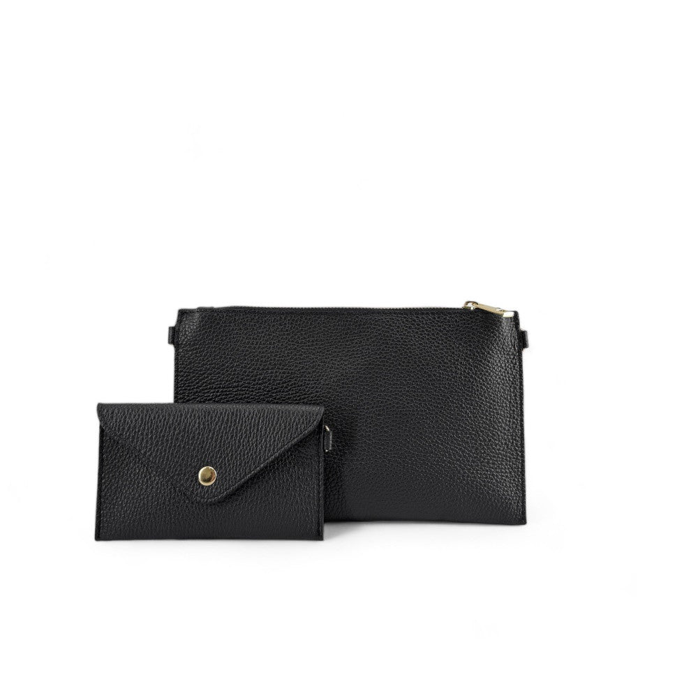 Ensemble sac pochette et porte-cartes en cuir grainé ou irisé TWICE Noir