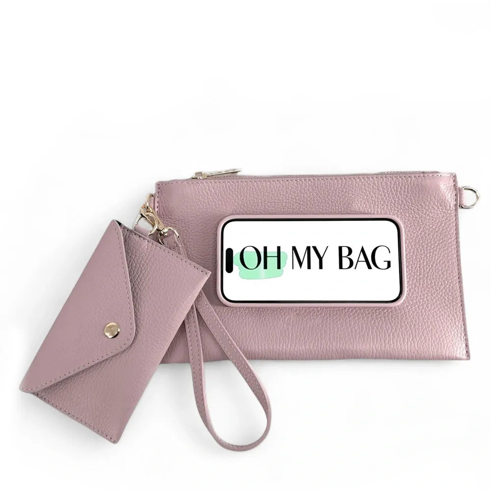 Ensemble sac pochette et porte-cartes en cuir grainé ou irisé TWICE Rose pâle