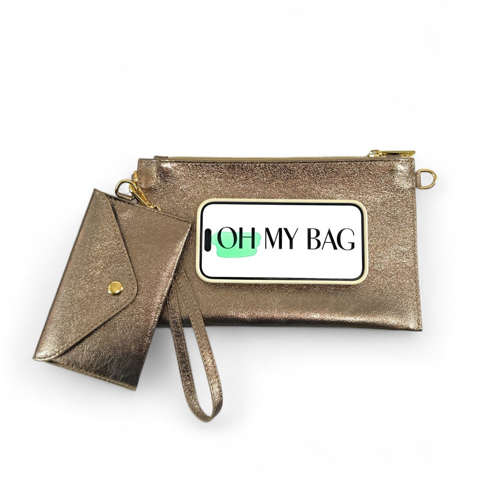Ensemble sac pochette et porte-cartes en cuir grainé ou irisé TWICE Champagne irisé