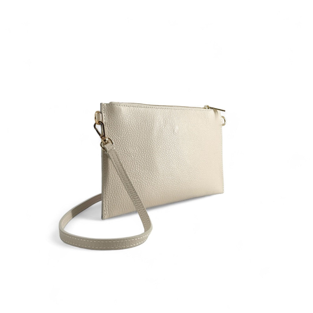 Ensemble sac pochette et porte-cartes en cuir grainé ou irisé TWICE Beige crème