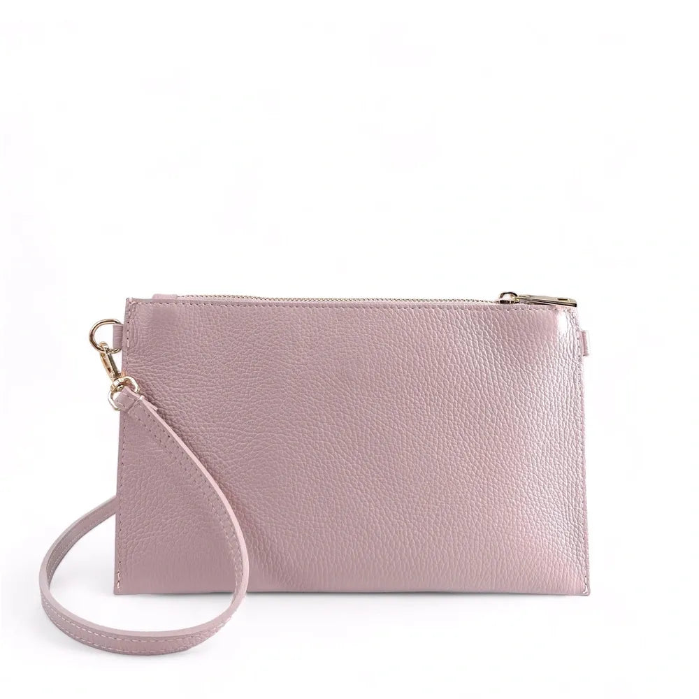 Ensemble sac pochette et porte-cartes en cuir grainé ou irisé TWICE Rose pâle