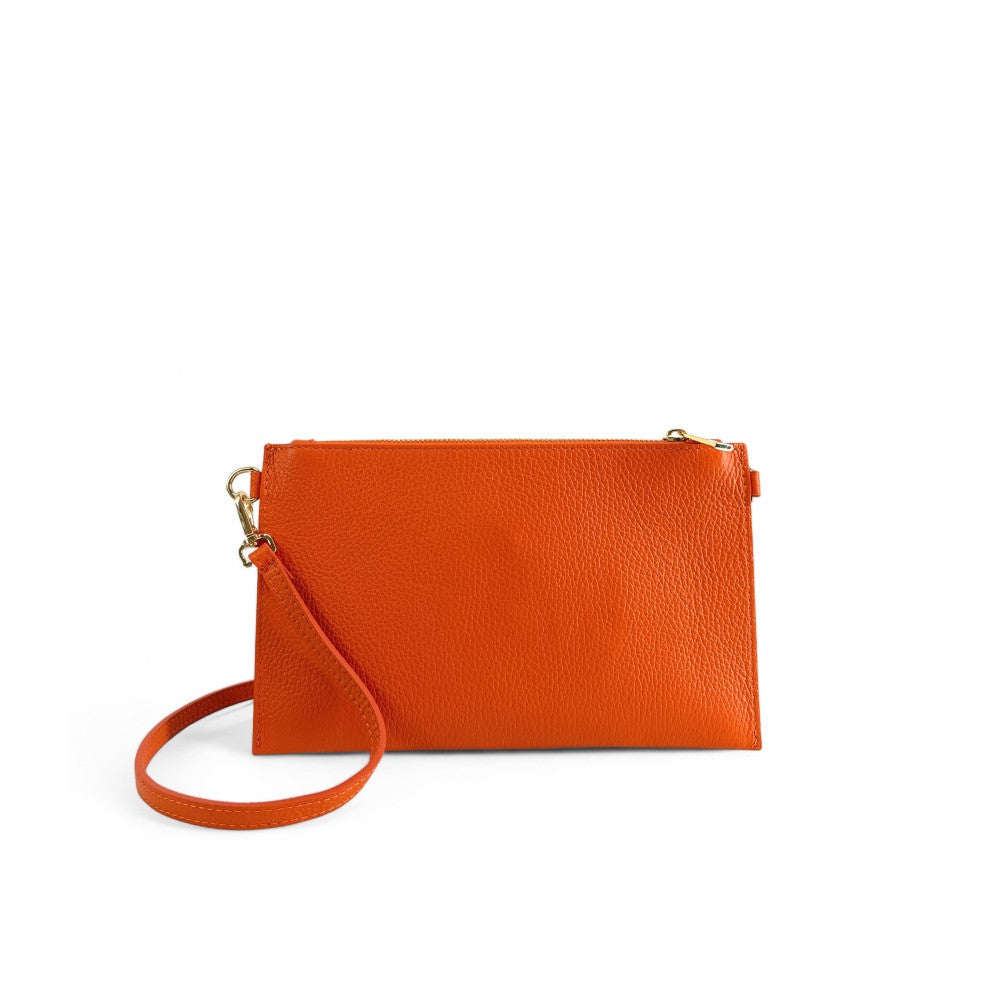 Ensemble sac pochette et porte-cartes en cuir grainé ou irisé TWICE Orange