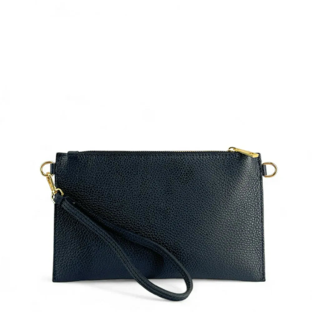 Ensemble sac pochette et porte-cartes en cuir grainé ou irisé TWICE Bleu marine