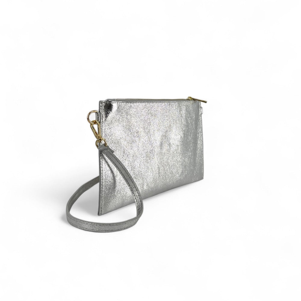 Ensemble sac pochette et porte-cartes en cuir grainé ou irisé TWICE Argent moyen