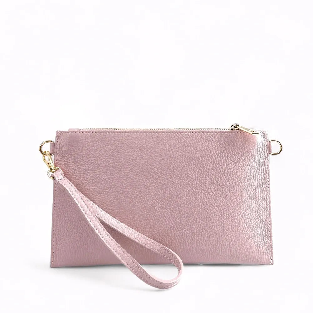 Ensemble sac pochette et porte-cartes en cuir grainé ou irisé TWICE Rose pâle