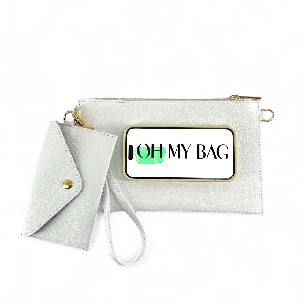 Ensemble sac pochette et porte-cartes en cuir grainé ou irisé TWICE Blanc