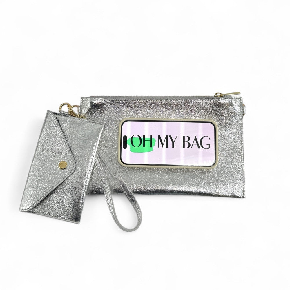 Ensemble sac pochette et porte-cartes en cuir grainé ou irisé TWICE Argent moyen