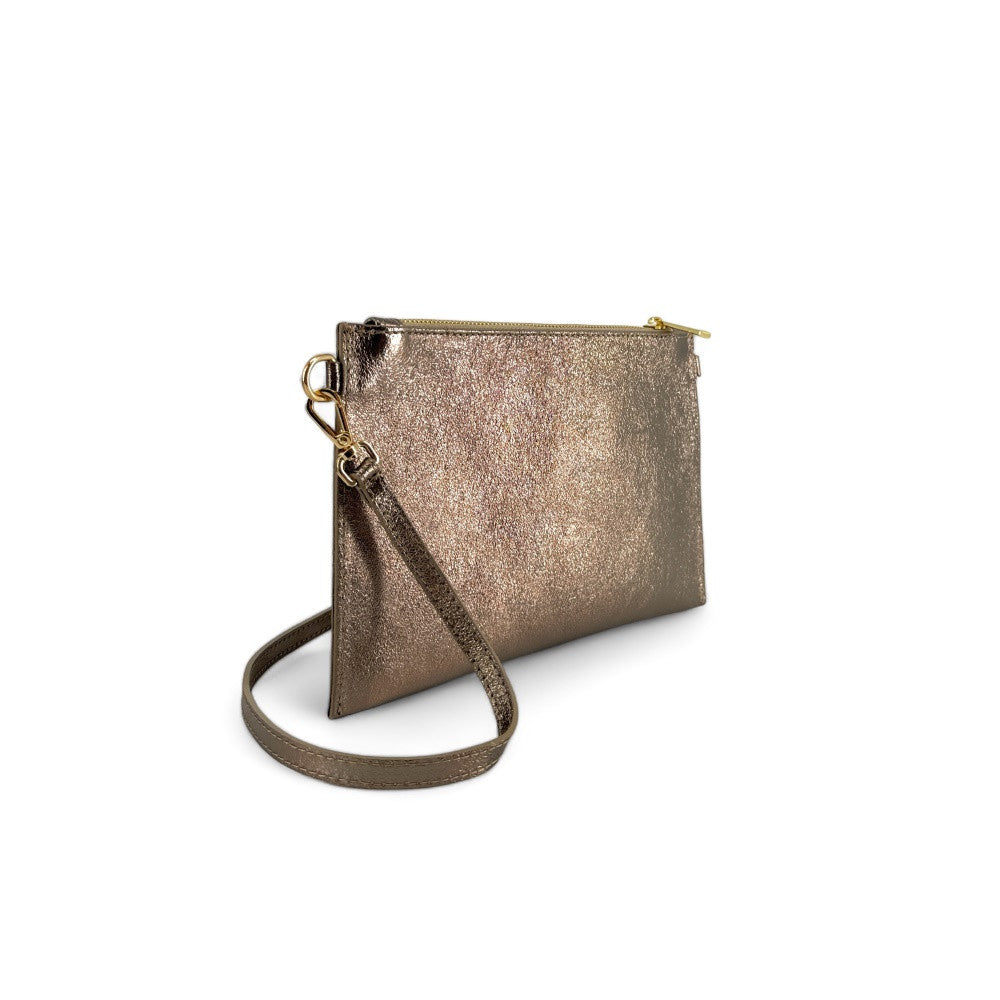 Ensemble sac pochette et porte-cartes en cuir grainé ou irisé TWICE Champagne irisé