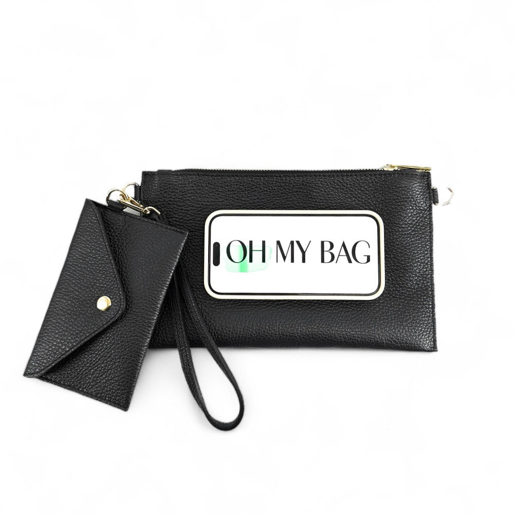 Ensemble sac pochette et porte-cartes en cuir grainé ou irisé TWICE Noir