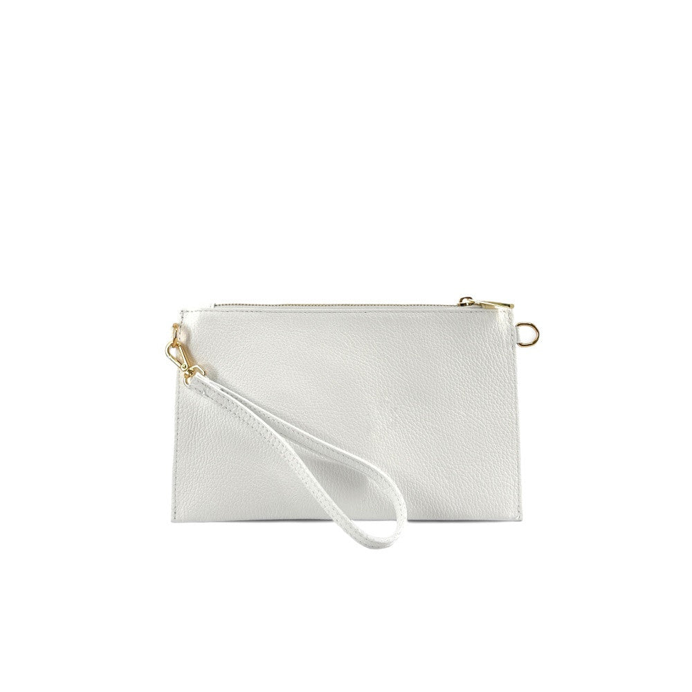 Ensemble sac pochette et porte-cartes en cuir grainé ou irisé TWICE Blanc