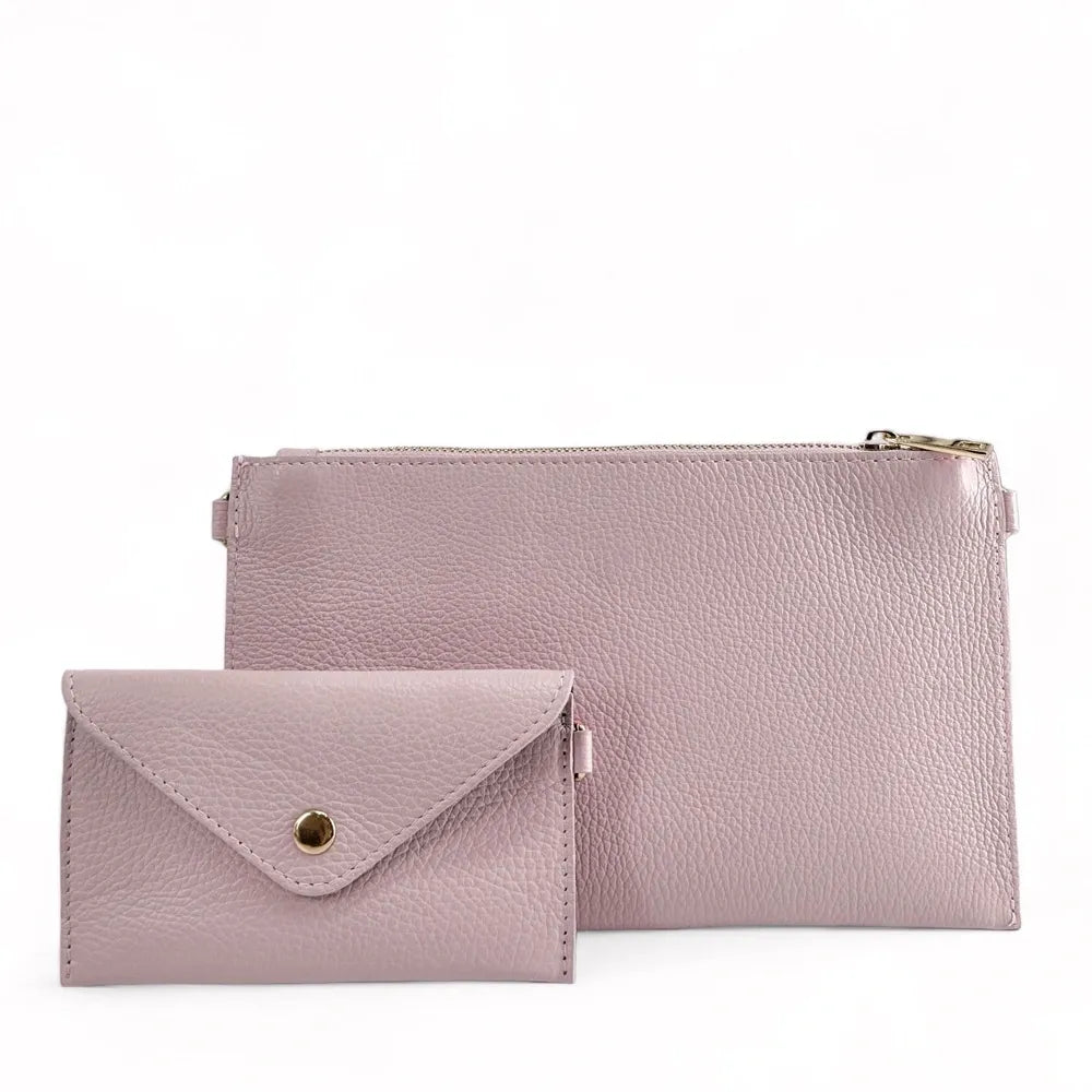 Ensemble sac pochette et porte-cartes en cuir grainé ou irisé TWICE Rose pâle