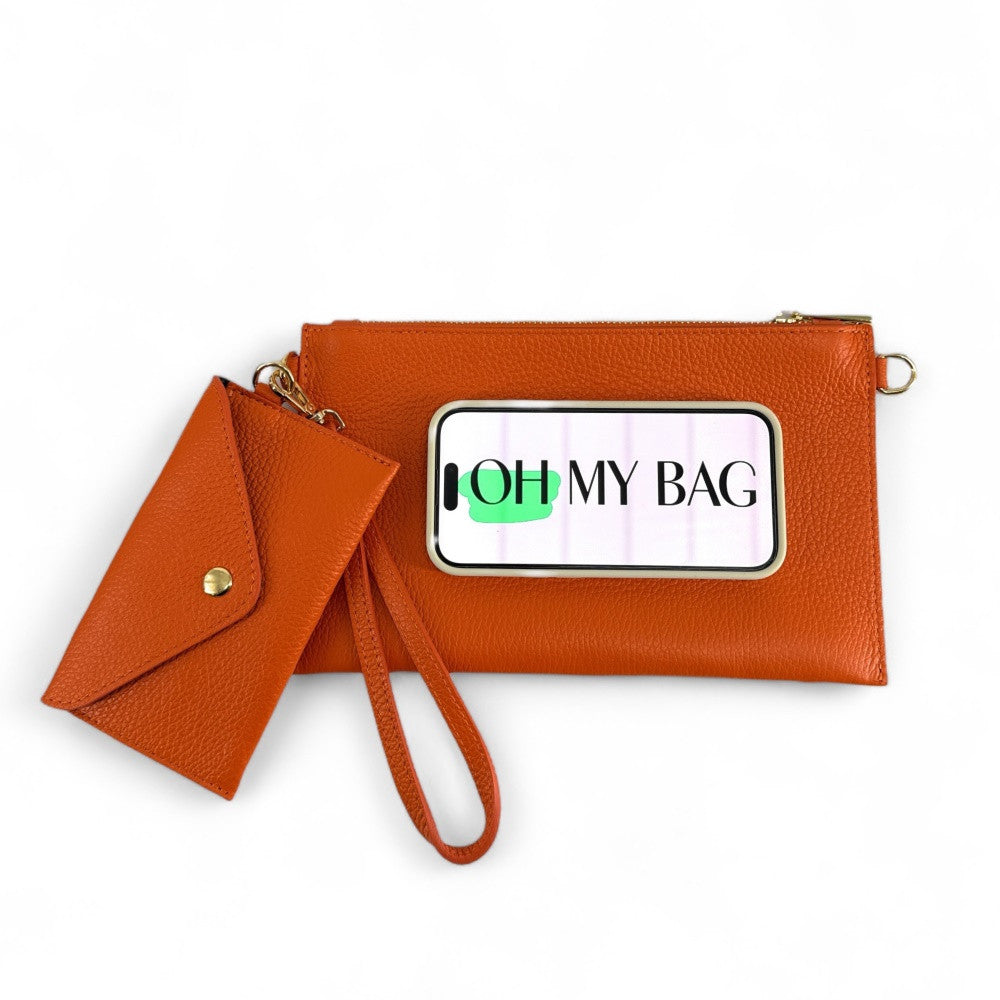 Ensemble sac pochette et porte-cartes en cuir grainé ou irisé TWICE Orange
