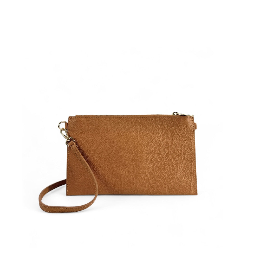Ensemble sac pochette et porte-cartes en cuir grainé ou irisé TWICE Camel