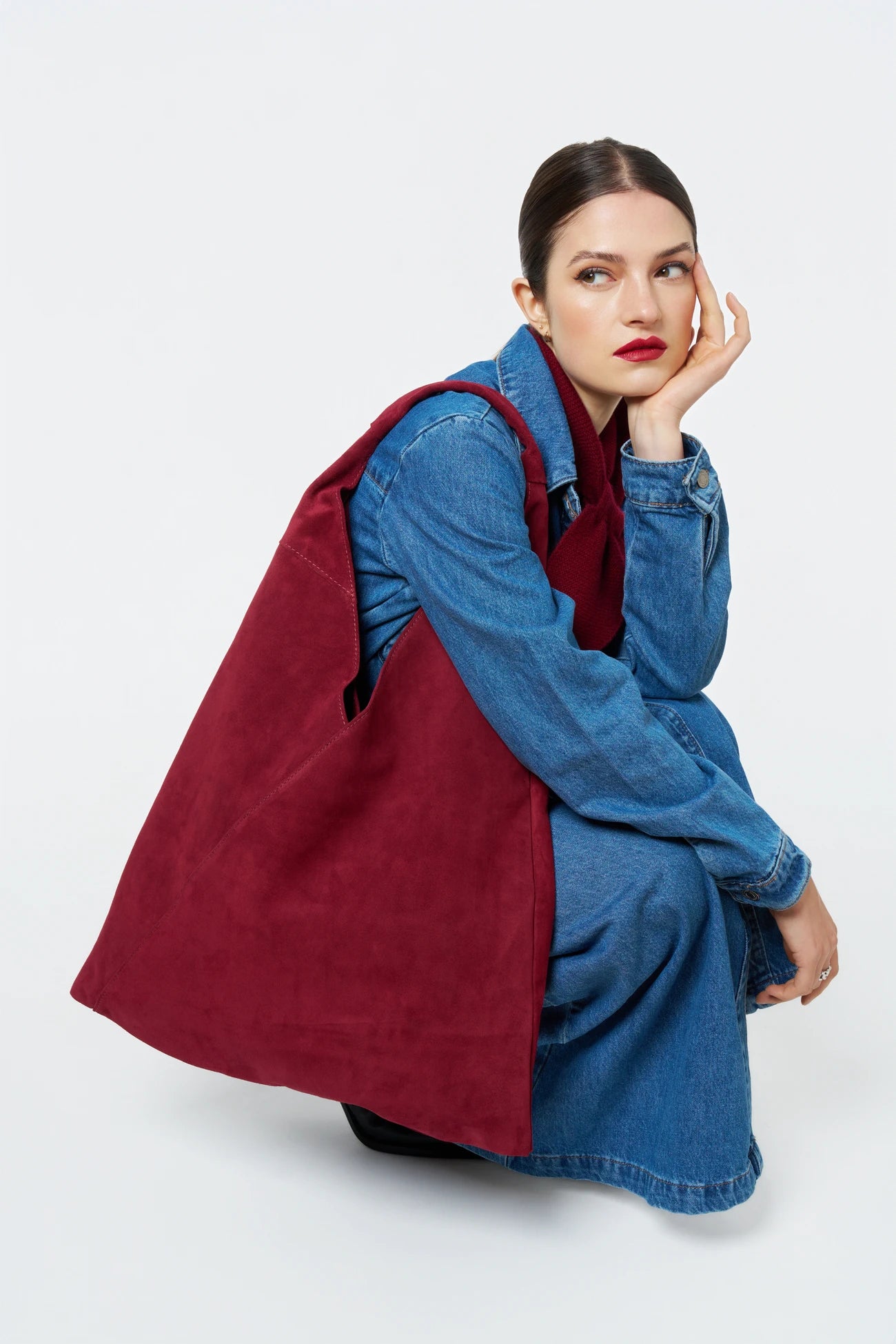 Grand sac hobo en daim EOLIA Rouge bordeaux