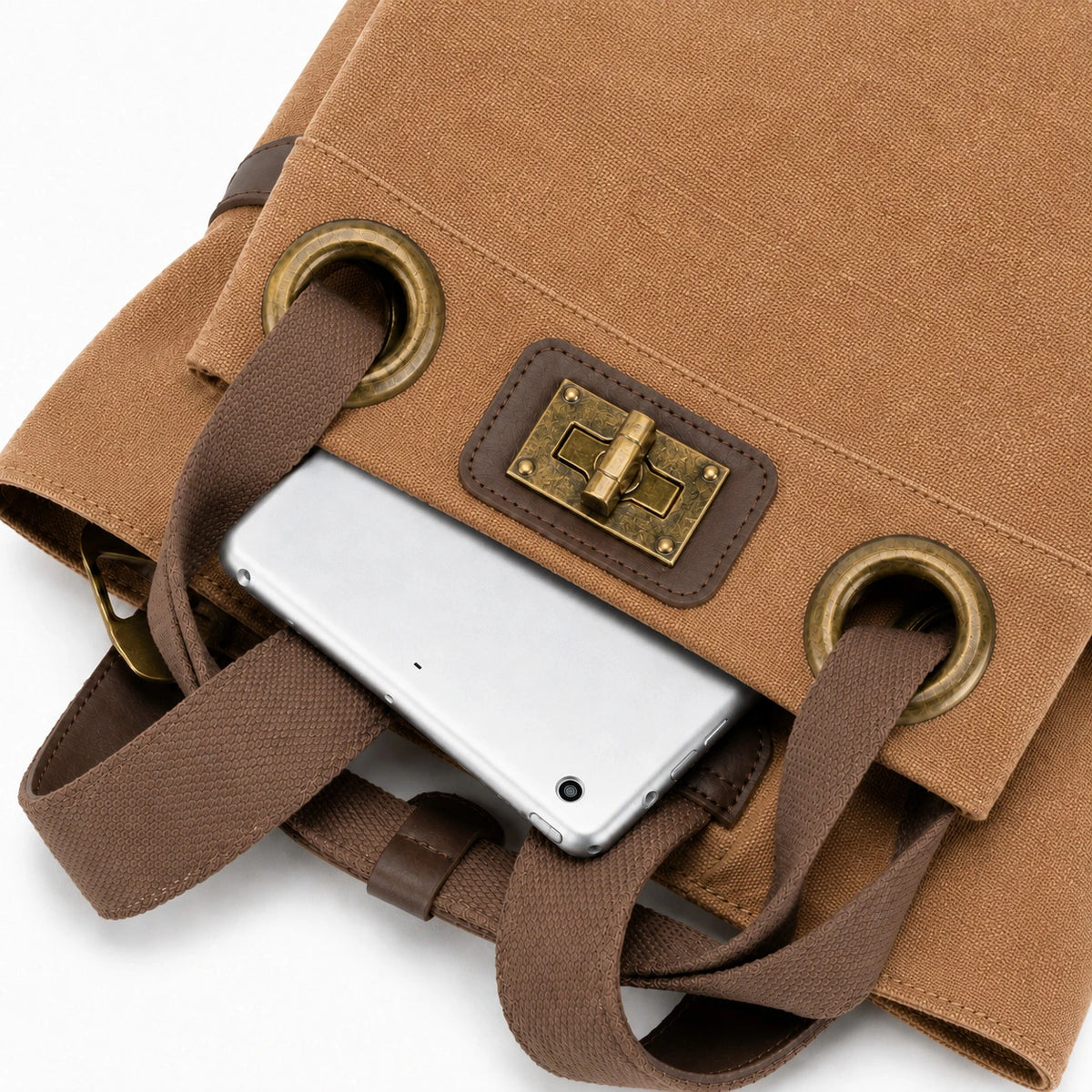 Rucksack aus Canvas und Leder TRINITE L Dunkles Camelbraun