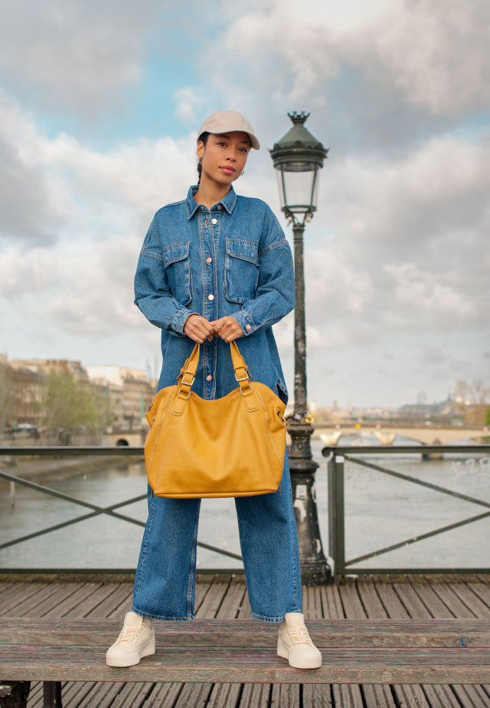 Sac porté épaule en cuir grainé CAMELIA Jaune tournesol
