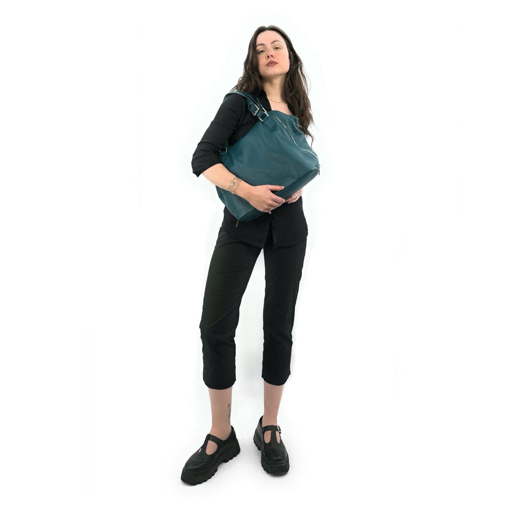 Sac porté épaule en cuir grainé CAMELIA Bleu vert canard