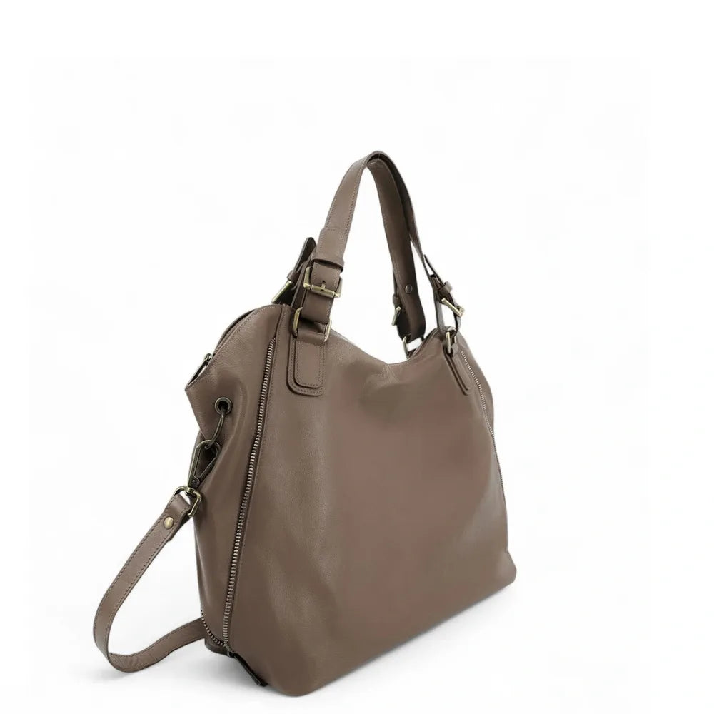 Sac porté épaule en cuir lisse CAMELIA Taupe foncé