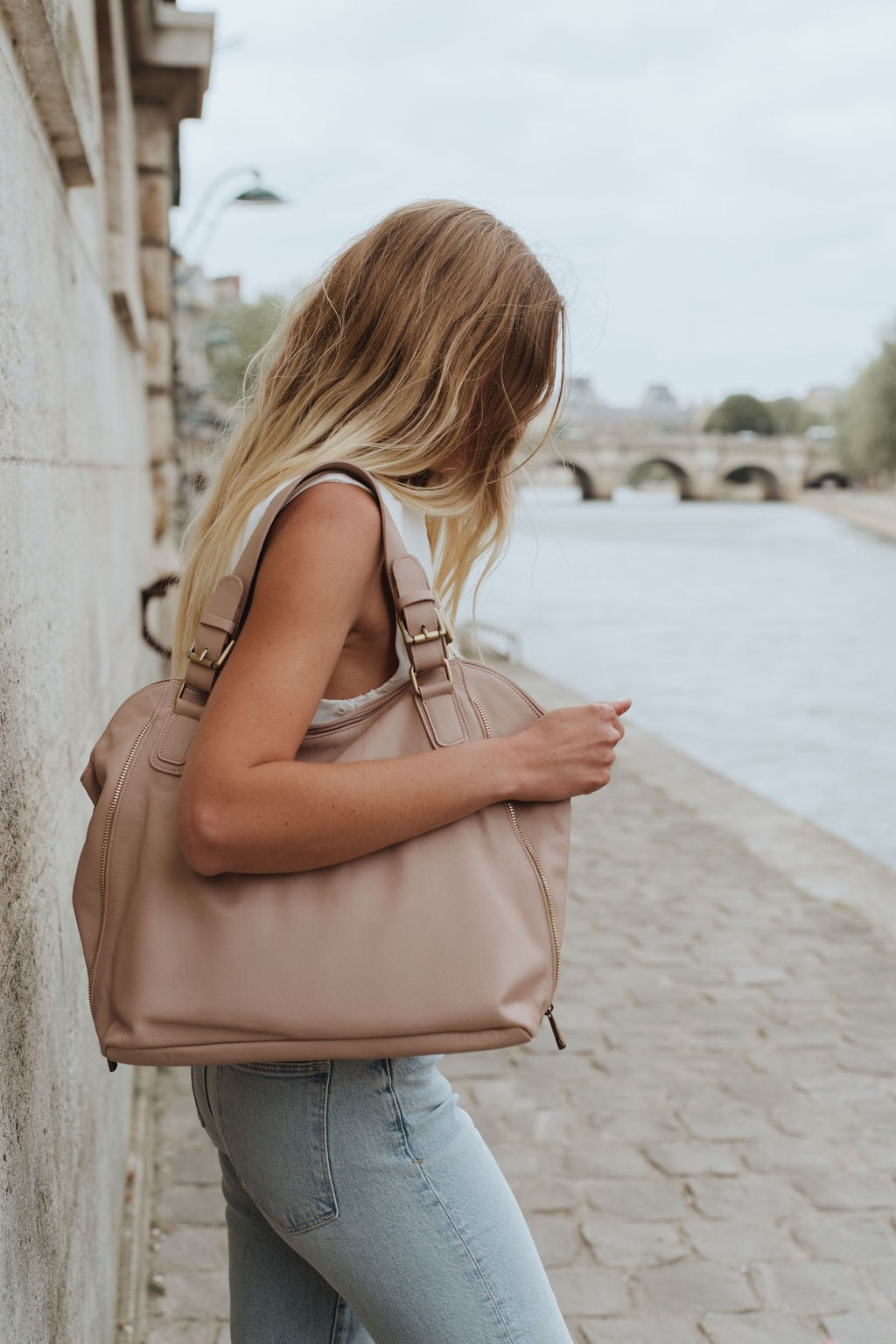 Sac porté épaule en cuir lisse CAMELIA Taupe clair