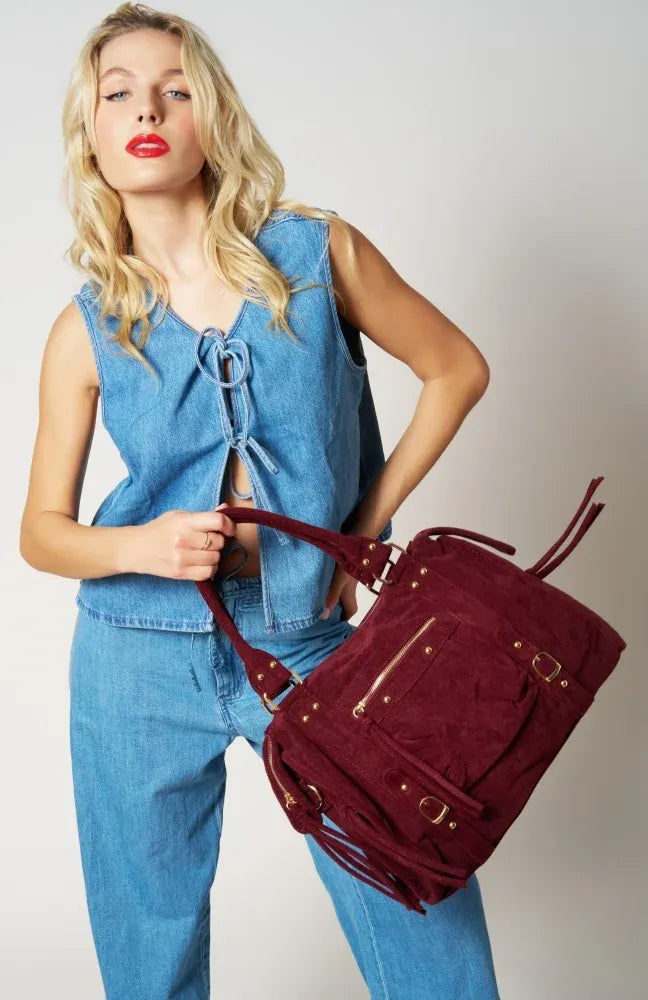 Sac à main en velours côtelé VELVET STORM Rouge bordeaux