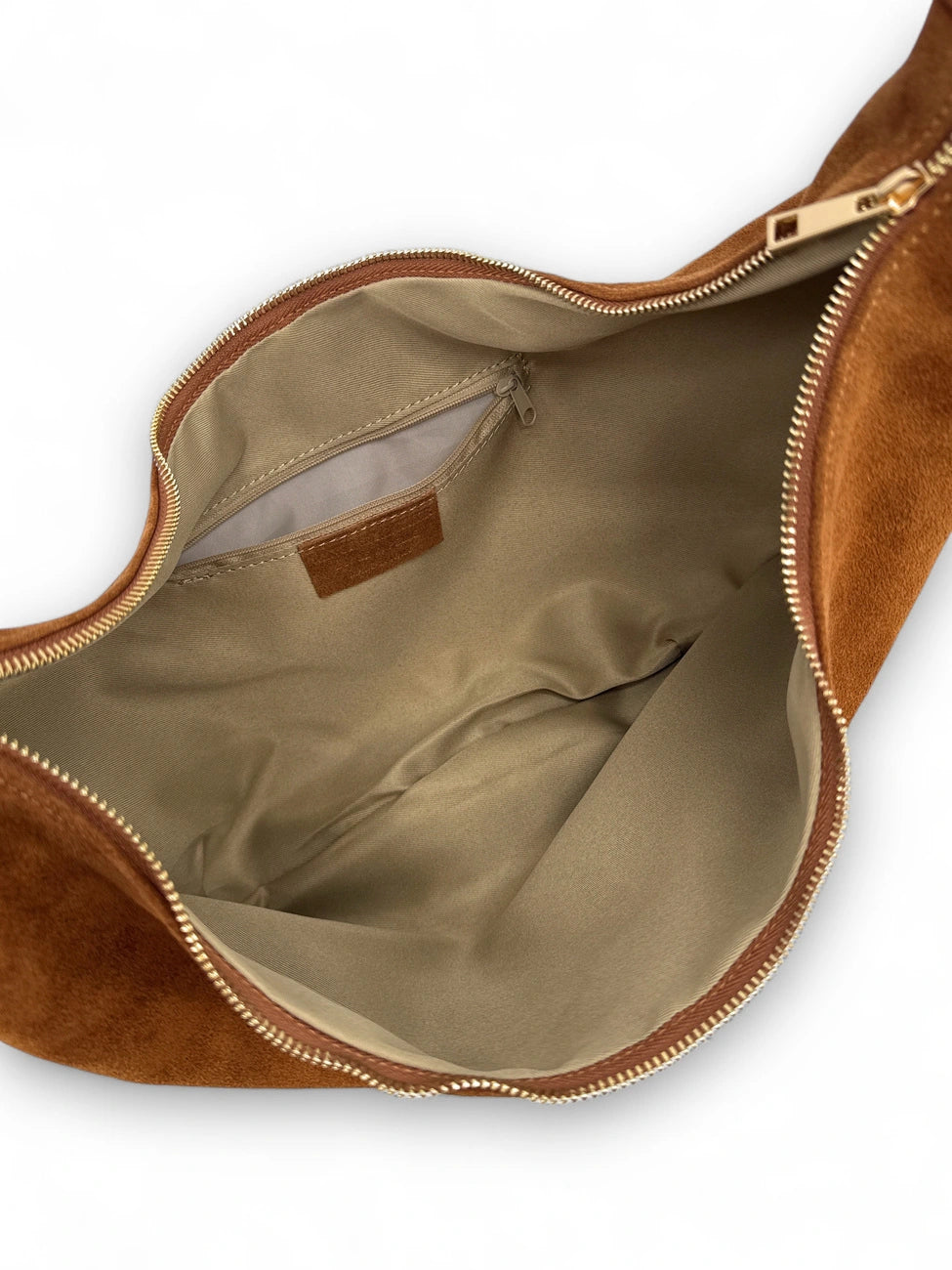 Bolso bandolera media luna de ante HERMIONE Marrón camel oscuro