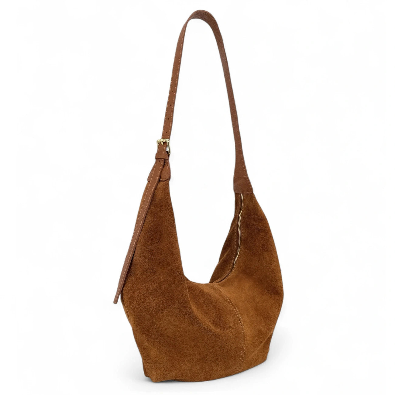 Besace demi-lune en croûte de cuir HERMIONE Camel foncé