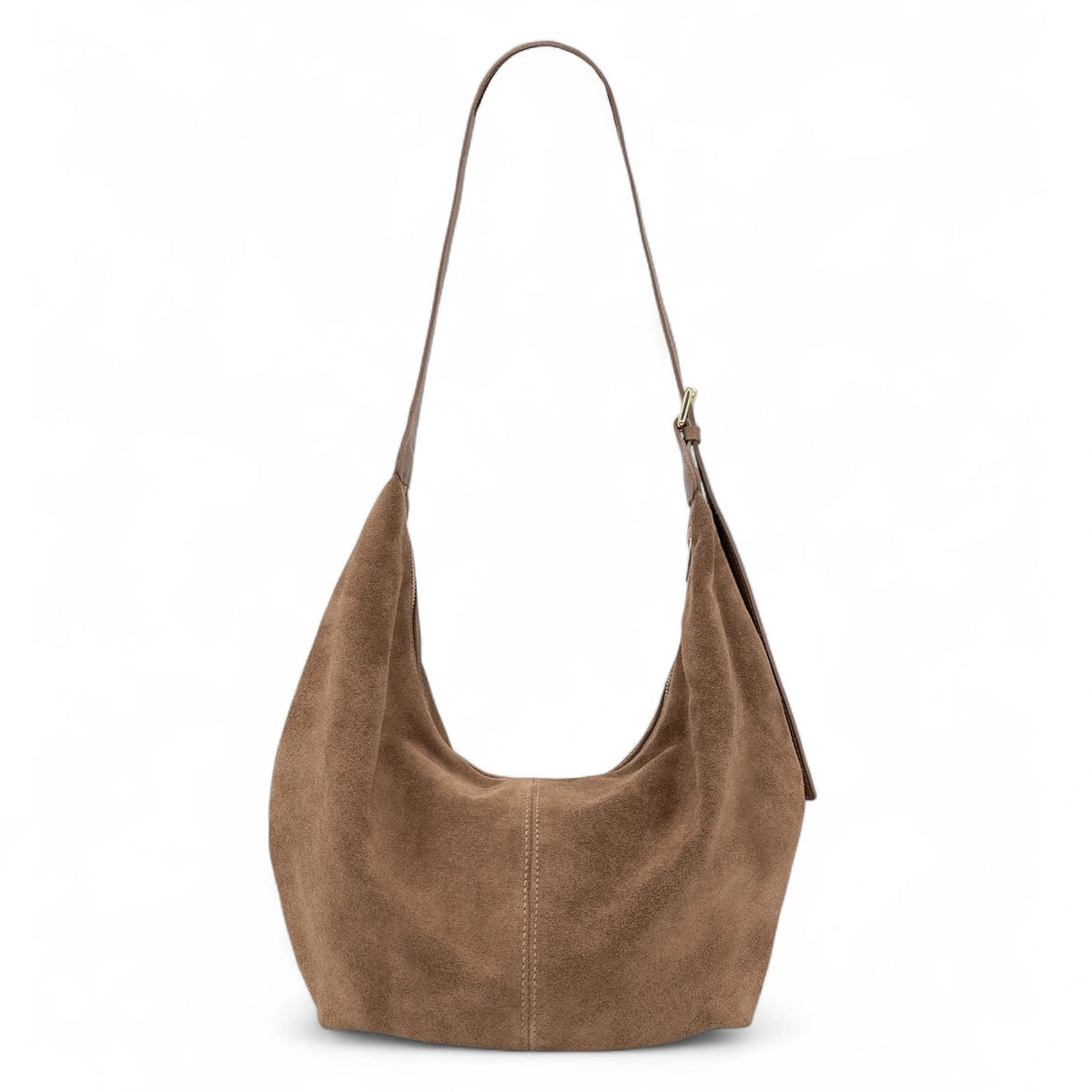 HERMIONE dark taupe suede half-moon satchel