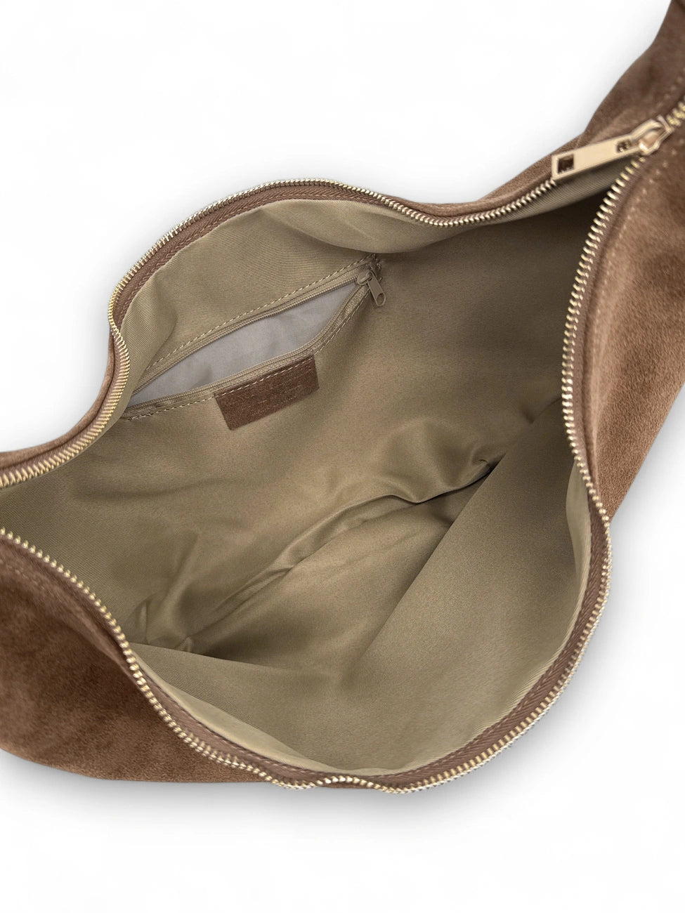 HERMIONE dark taupe suede half-moon satchel
