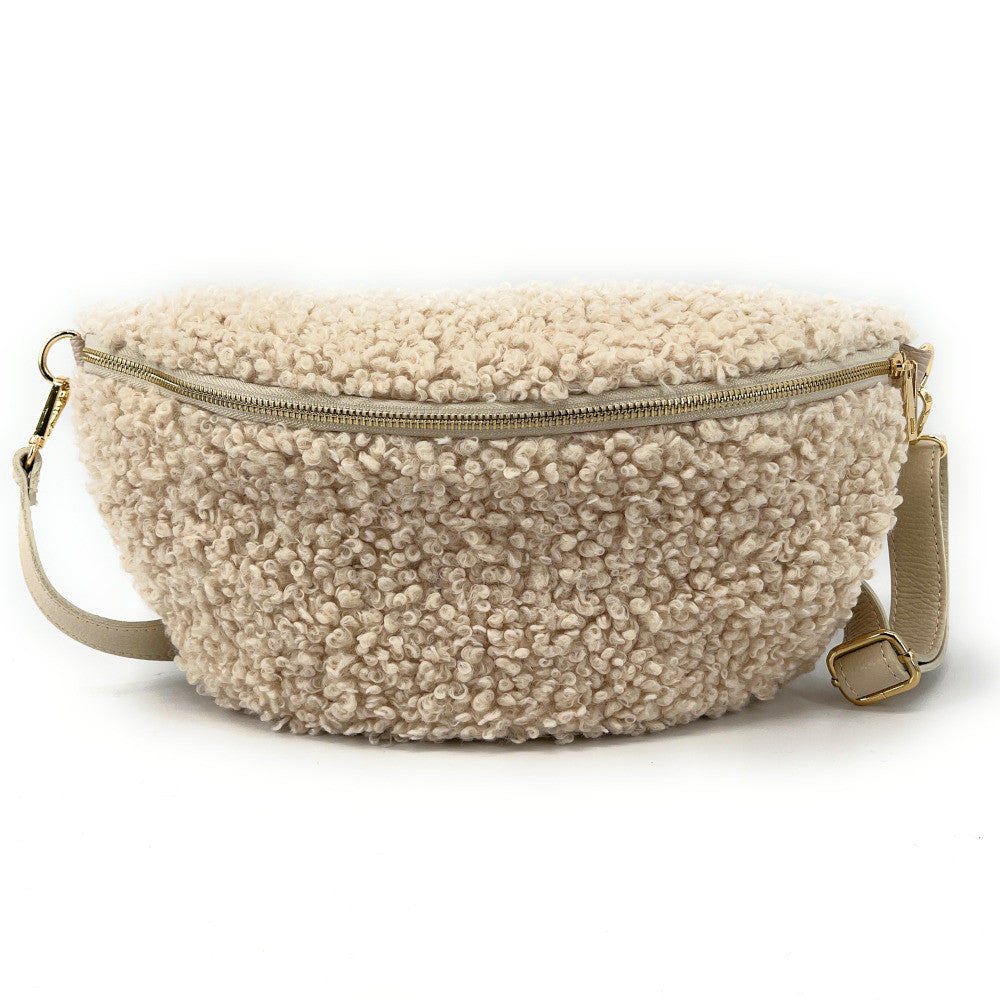 Grand sac banane en cuir et peluche LOU PILOU L Beige crème