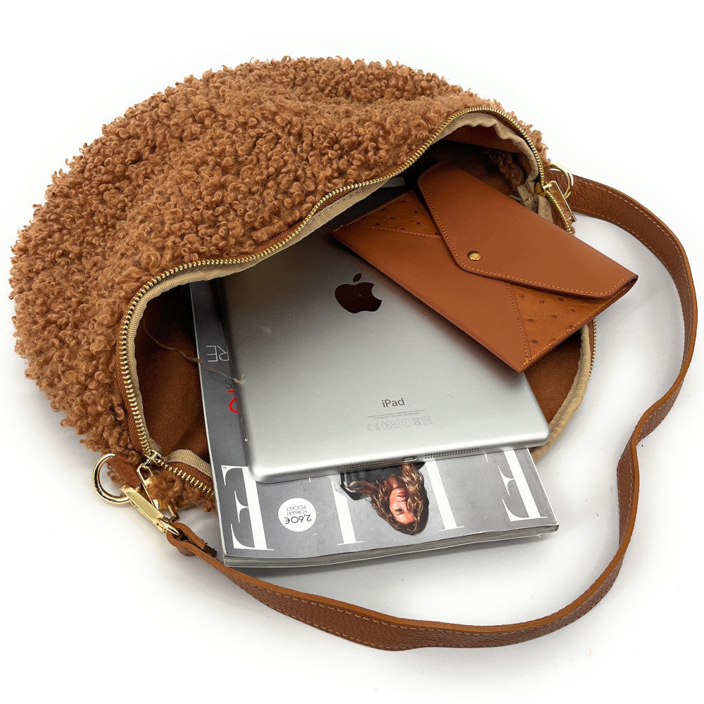 Grand sac banane en cuir et peluche LOU PILOU L Camel foncé
