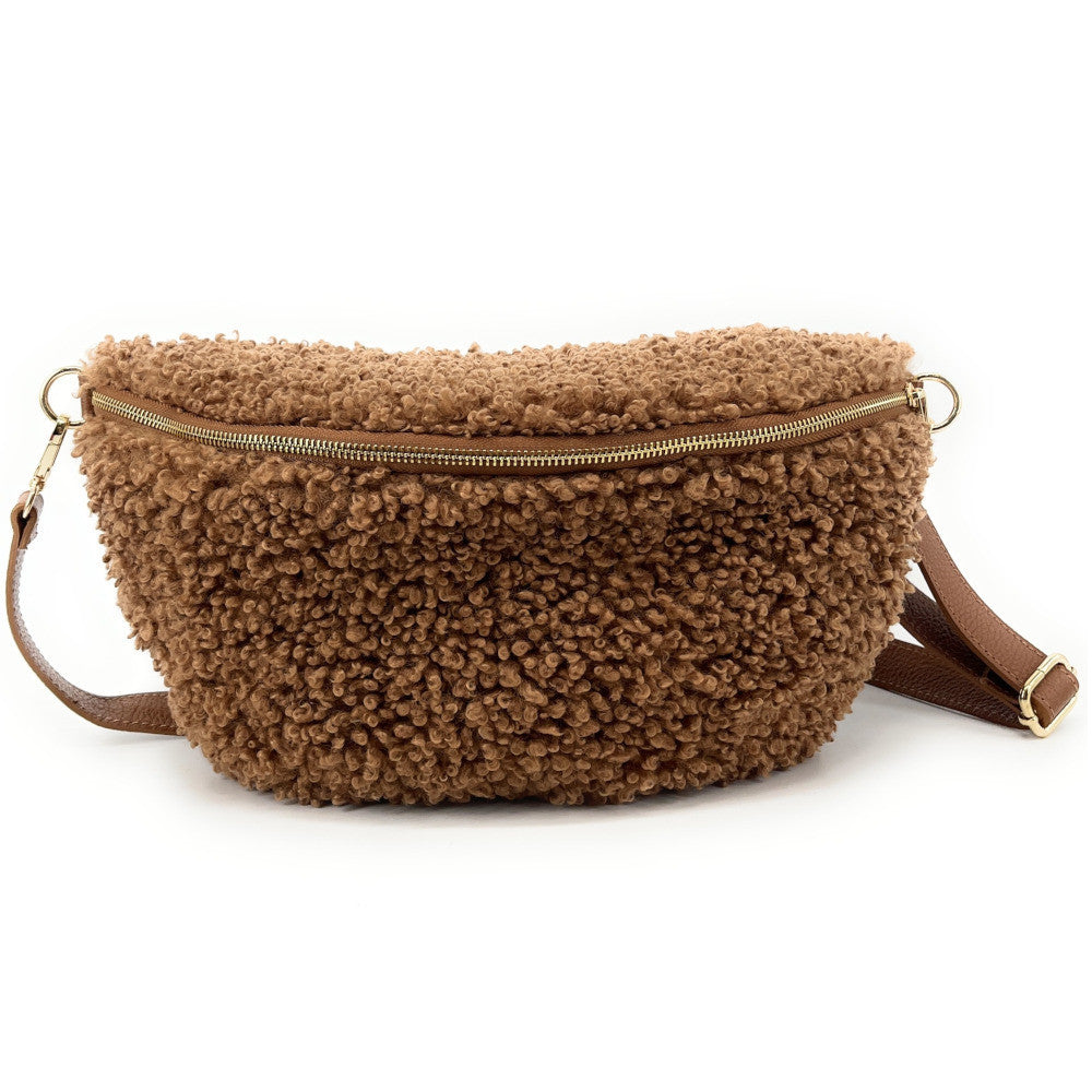 Grand sac banane en cuir et peluche LOU PILOU L Camel foncé